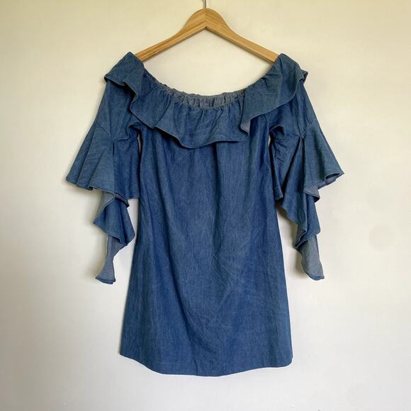 English Factory Denim Off the Shoulder Ruffle Mini Dress Small - Picture 3 of 5